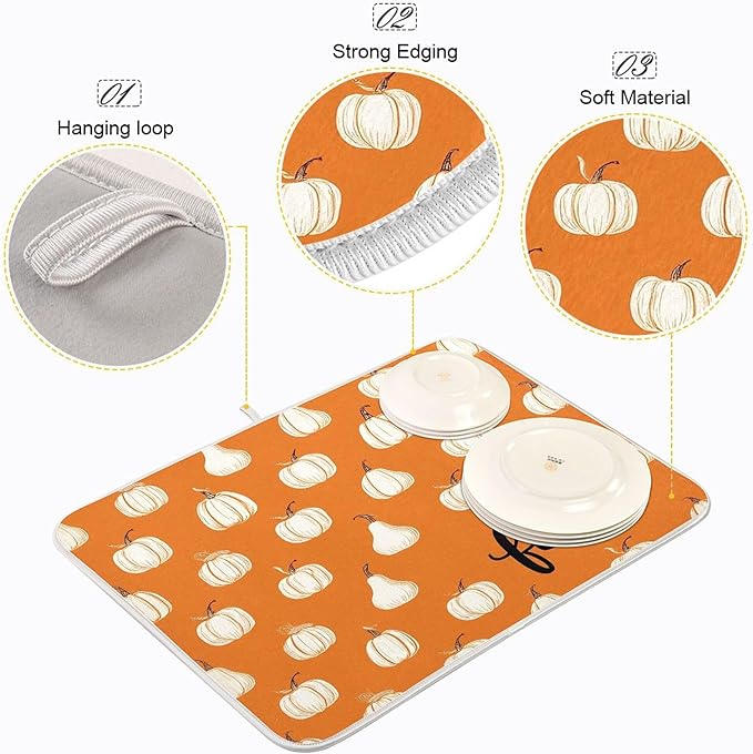Hello Fall Burnt Orange Dish Drying Mat for Kitchen Countertop 16x18 Autumn Pumpkin Small Drying Mat Reusable Quick Dry Dish Sink Mats Easy Clean Decorative Essentials