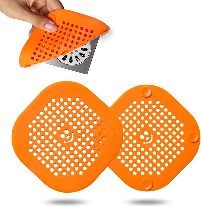 2 Pack Drain Hair Catcher Sturdy Silicone Shower Drain Protector Sink Drain Strainer Hair Stopper for Shower Kitchen Bathroom Tub Orange