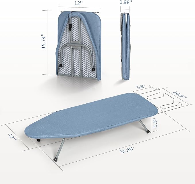 Small Ironing Board Tabletop with Cover and Pad, BlissBoard Mini Folding Iron Board Portable with Non-Slip Feet, Compact Ironing Table for Travel, 31"x12", Blue
