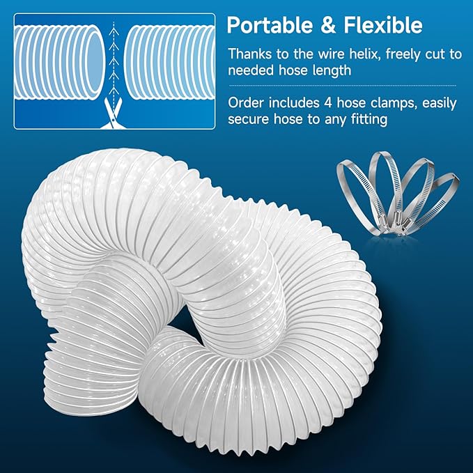 Hon&Guan 4" x 10' Dust Collection Hose, Flexible Clear Odorless PVC Dust Collector Hose with Carbon Steel Wire, Puncture Resistant Dust Hoses for Woodworking Dust Collecting System