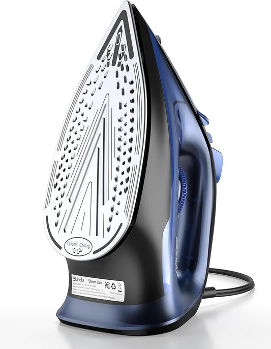 Sundu Steam Iron for Clothes with Rapid Heating Ceramic Coated Soleplate, 1500W with Precise Thermostat Dial, Self-Cleaning, Auto-Off, 15.21oz Water Tank for Home Clothes Ironing Use, Blue