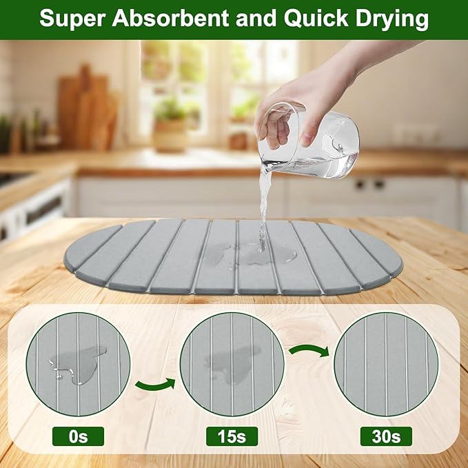 Stone Drying Mat for Kitchen Counter: 24"(L)×16"(W) Collapsible Stone Dish Drying Mat, Super Absorbent Diatomaceous Earth Pad for Dishes Bottles Cup Kitchen Bathroom Families Renters