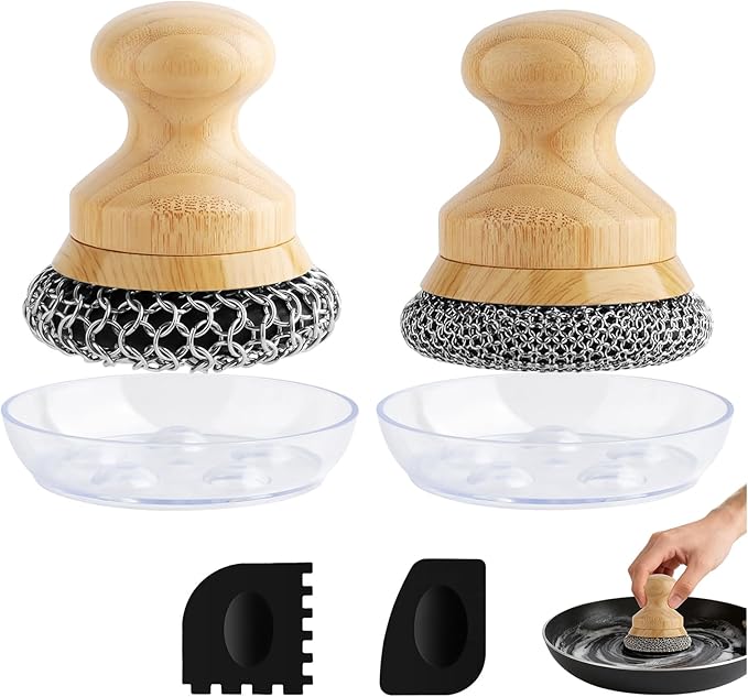 Cast Iron Scrubber and Scraper,Chain Mail Cleaner with Bamboo Handle & Draining Tray,316 Stainless Steel Brush for Cleaning Pots,Pans,Wok,Bakeware,Griddles, Grills(Small&Large ChainMail,2pcs)