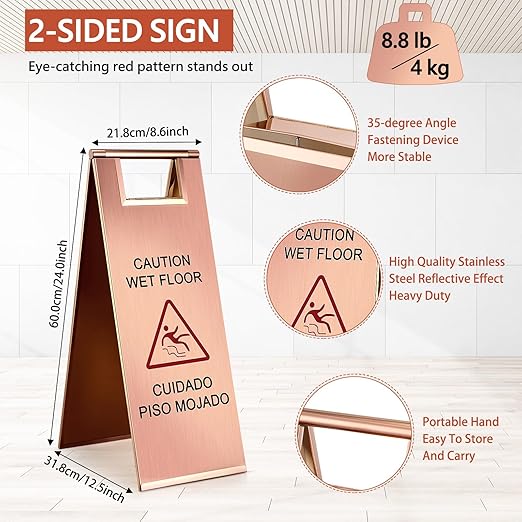 Kigley 2 Pcs Wet Floor Sign, 24 Inch Stainless Steel Caution Wet Floor Sign Double Sided Portable Foldable Bilingual Safety Warning for Hotel Market Restroom Restaurant Office (Rose Gold)