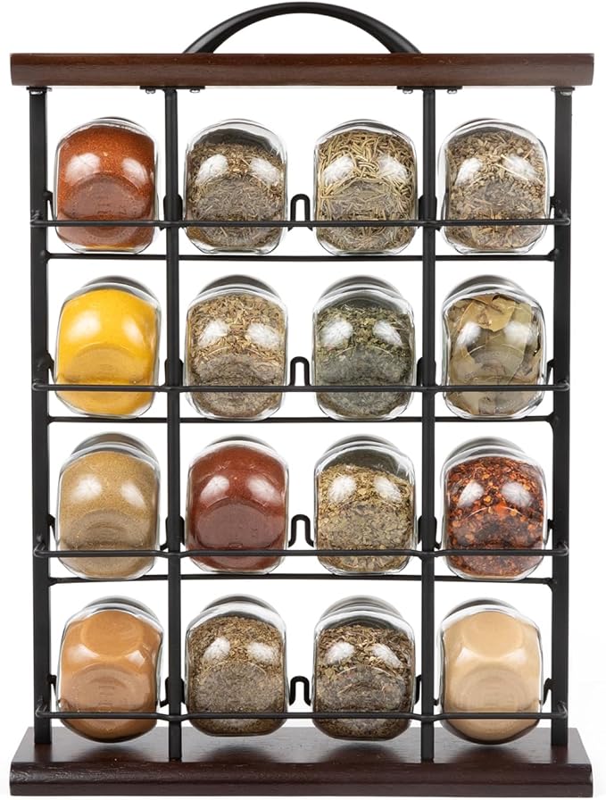 Orii 16 Jar Acacia Wood & Metal Wire Spice Rack with Spices Included, Storage for Spices and Seasoning, Black & Brown