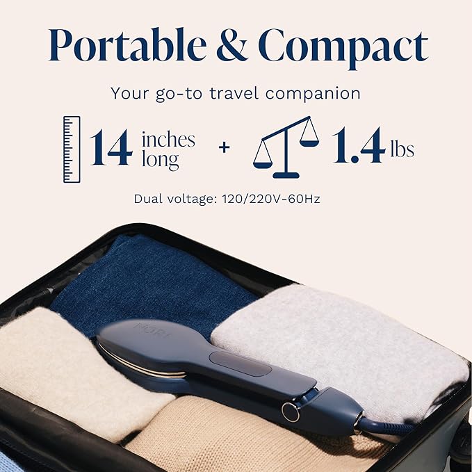 Nori Press Travel Steam Iron - Handheld Iron With Optional Steam Feature - No Ironing Board Required - Easy to Use w/ 6 Fabric Settings - Removes Wrinkles - User Manual Included - Navy