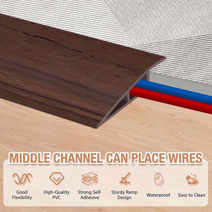 Floor Transition Strip Self Adhesive Vinyl Door Threshold for Doorways Carpet Edging Trim Overlap Edge Reducer for Laminate Floor, Carpet, Tile (Deep Brown Wood Grain, 1/5" to 2/5", 6.6Ft)