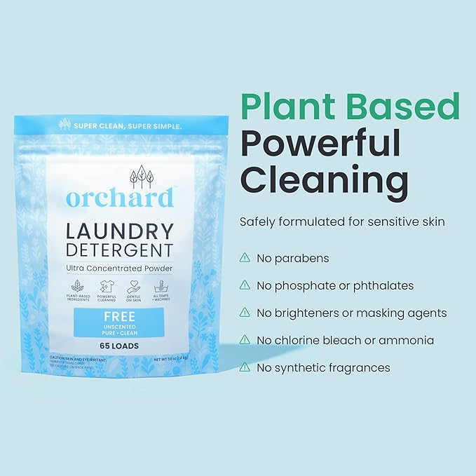 Orchard Laundry Detergent Powder Natural Deep Cleaning Laundry Powder for Sensitive Skin - Fragrance Free - Plant Based Effective Ingredients - 65 Loads - Enzyme-Powered, Eco Friendly Detergent