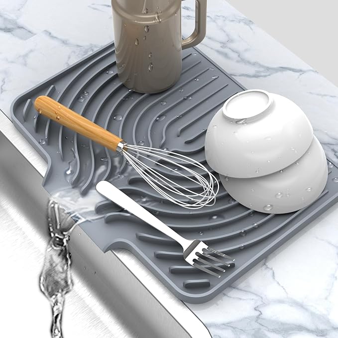 Dish Drying Matt for Kitchen Counter,14.6"×11"Silicone Dry Rack Mat with Built in Drain, Kitchen Dry Mats for Dishes Drying Pad for Counter(gray)