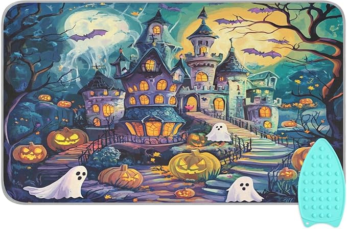 Cute Cartoon Halloween Bat Castle Ghost Pumpkin Ironing Mat Thickened Ironing Blanket Travel Portable Double-Side Using Ironing Pad Travel Isolate Heat Pad Cover for Washer Dryer Table Top Coun