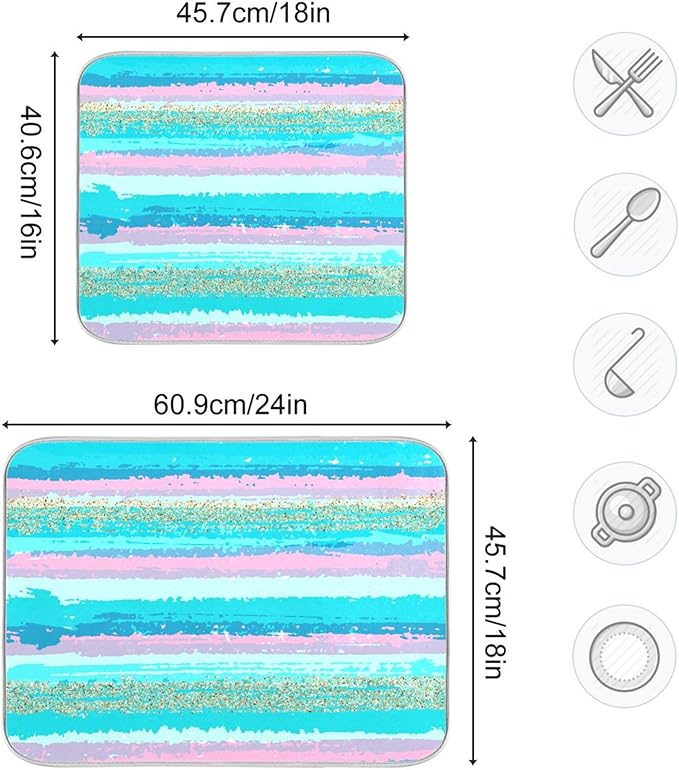 Turquoise Stripe Dish Drying Mat for Kitchen Countertop 16x18 Rectangle Teal Aqua Small Drying Mat Reusable Quick Dry Dish Sink Absorbent Mats Dishwasher Easy Clean Decorative Home Decor Essentials