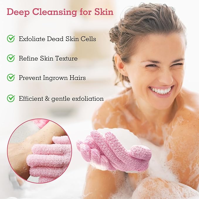 Evridwear Exfoliating Gloves for Shower, 100% Nylon Thick Soft Medium Heavy Bathing Gloves Dead Skin Remover Body Scrubber Smooth Skin with Hang Loop, 1 Pair Moderate Pink