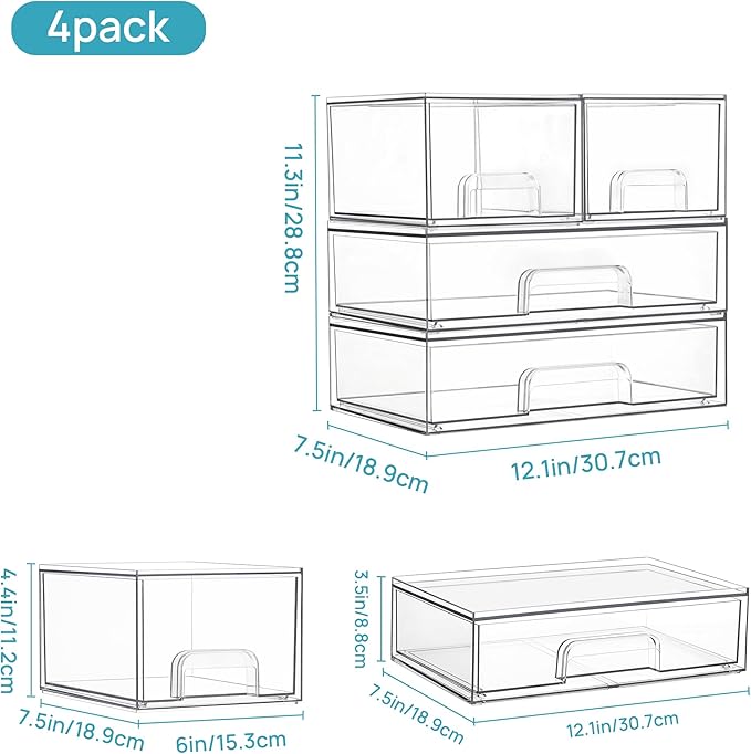 Vtopmart Stackable Storage Drawers Set of 4, Clear Plastic Organizer Bins for Bathroom Supplies,Ideal for Cabinet,Pantry,Laundry Room Organization