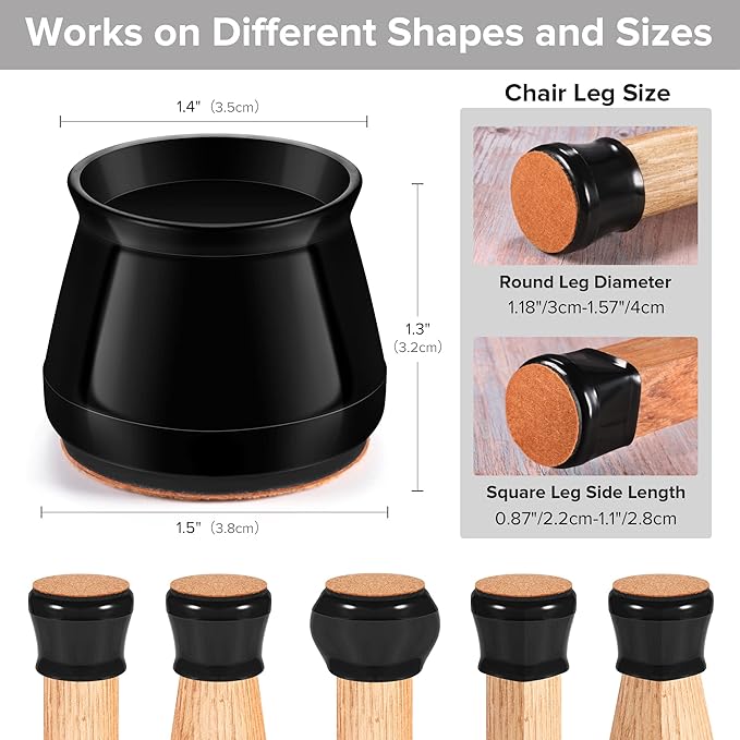 24PCS Upgraded Silicone Chair Leg Floor Protectors for Hardwood Floors, Furniture Sliders for Chair Legs, Felt Bottom Furniture Pads, Anti-Slip Round&Square Cap Covers to Scratch and Reduce Noise