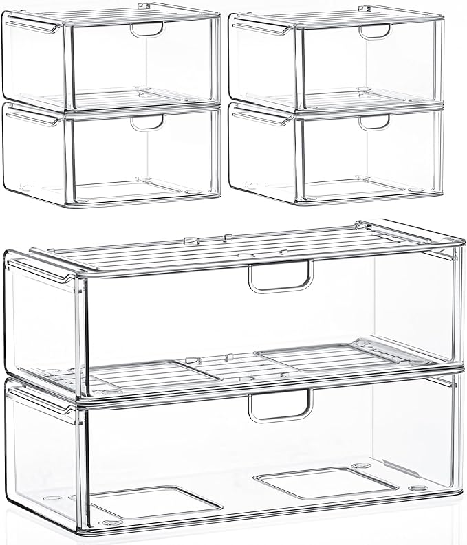 Acrylic Storage Drawers Set of 6, Clear Makeup Organizer, Plastic Organizer Bins for Beauty Supplies,Ideal for Vanity, Bathroom,Cabinet,Pantry Organization