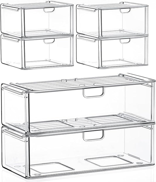 Acrylic Storage Drawers Set of 6, Clear Makeup Organizer, Plastic Organizer Bins for Beauty Supplies,Ideal for Vanity, Bathroom,Cabinet,Pantry Organization