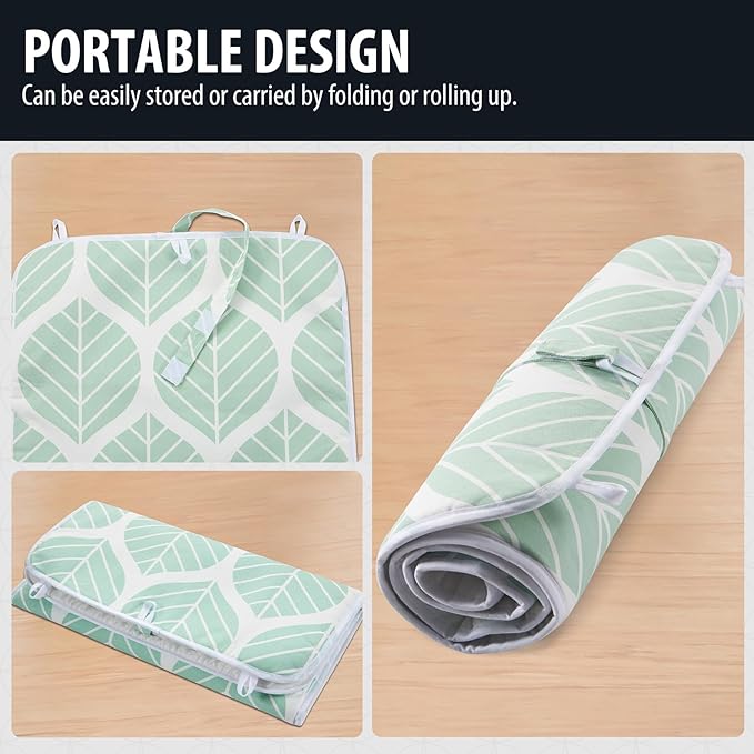 Seiritex Ironing Mat, Portable Ironing Pad 39.4 x 18.9 inch Table Top Iron Board 5 in 1 Travel Iron Blanket for Washer, Dryer, Counter top, Green Leaf