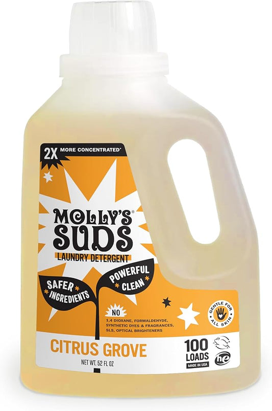 Molly's Suds Liquid Laundry Detergent | Clean Laundry Detergent Soap for Sensitive Skin | 2x Concentrated, High Efficiency (HE) | Citrus Grove - 100 Loads