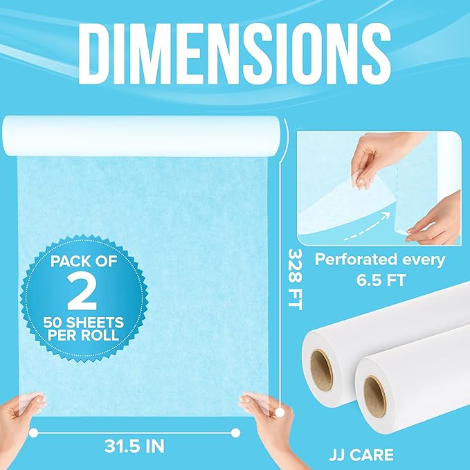 JJ CARE Disposable Massage Table Sheets - 100 Sheets [31.5" x 328 ft, 2 Roll] - 50% Thicker Perforated Massage Bed Cover, Non-Woven Disposable Roll for Massage Table for Waxing, Facial, Tattoo, & Spa