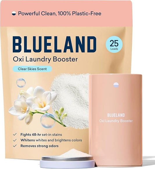 BLUELAND Oxi Laundry Booster Powder with Tin, Starter Set, Clear Skies Scent, 25 Loads, 17.6 oz, Plastic-Free, Eco Friendly, Oxy Cleaner, Stain Remover