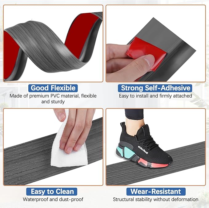 Vinyl Door Threshold Flooring Transition Strip Self Adhesive Carpet Edging Strip for Laminate Doorway Edge Threshold from 3/5" to 4/5" (Dark Gray Wood Grain, 6.6 Ft)