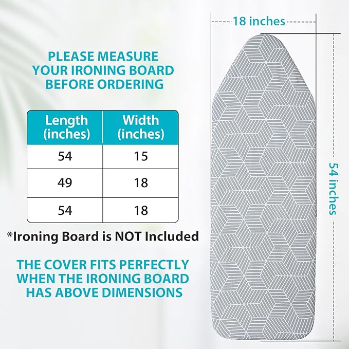 Extra Wide Ironing Board Cover and Pad 18 x 54 inch Heat Reflective with Hook and Loop Fasteners, Thick Padding with Elasticized Edges, 3 Layers Iron Board Cover (Gray Cube)