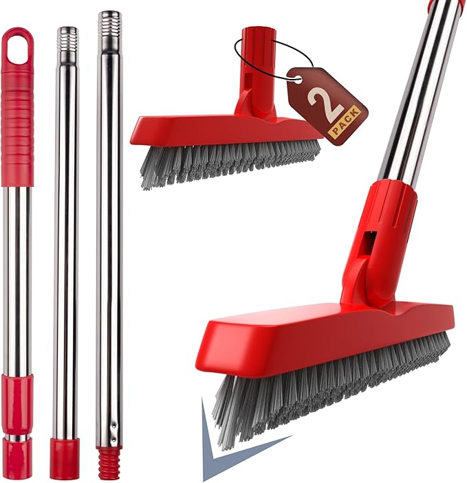ITTAHO 2 Pack Grout Brush with Long Handle, Swivel Cleaning Grout Line Scrubber - Extendable Durable Handle Grout Cleaner Brush for Bathroom,Tile,Baseboard,Walk in Shower,Corner & Narrow Space (Red)
