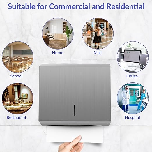 Paper Towel Dispenser Wall Mount, Brushed Stainless Steel Commercial Paper Towel Holder with Lock, Large Capacity 250 C Fold/300 Multifold Towels