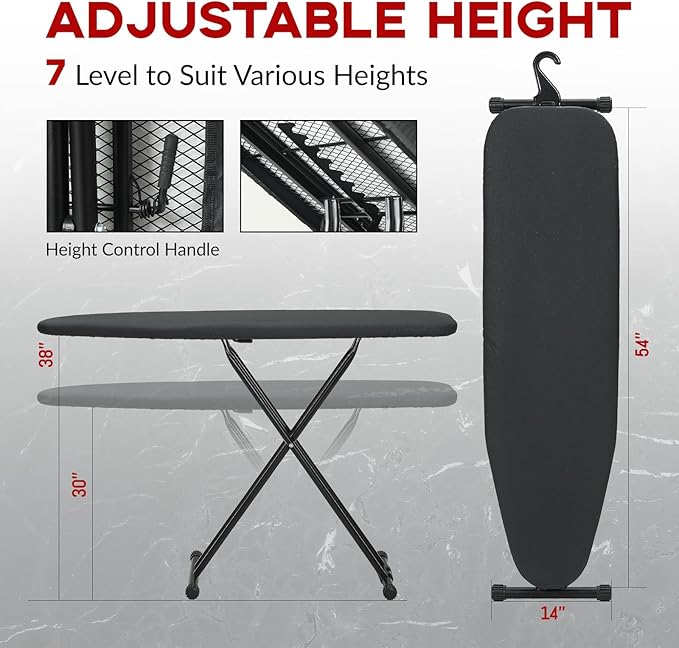Ironing Board Full Size 53x13, RAINHOL Heavy Duty Iron Board with Thick Padded Cover, Height Adjustable Ironing Boards with Smart Hanger, Heat-Resistant Silicone Pad Iron Rest