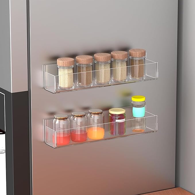 PMMASTO Adhesive Acrylic Spice Rack Organizer for Wall with Nano Double Sided Tape, Spice Shelf Organization for Kitchen Cabinet Door/Pantry Door, Wall Mount Seasoning Rack (Clear-2 Pack)