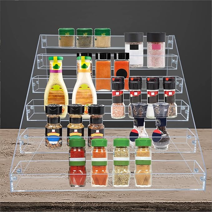 PMMASTO Tiered Spice Rack, Seasoning Organizer, Clear Acrylic Vertical Shelves Can Organizer for Countertop, Cabinet, Pantry, Kitchen Organization and Storage - 6 Tier