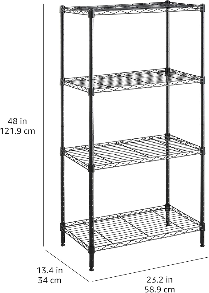 Amazon Basics 4-Shelf Steel Wire Storage Rack, Adjustable, Sturdy, Easy Assembly, 13.4 D x 23.2 W x 48 H in, Black