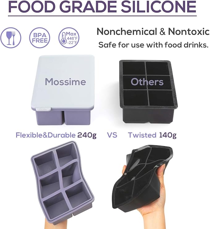Mossime Large Ice Cube Molds: Square Whiskey Silicone Ice Cube Trays With Lid - 2pack Old Fashioned Big Silicone Ice Cube Tray for Cocktail - 2inch Easy Release Ice Cube Maker For Freezer