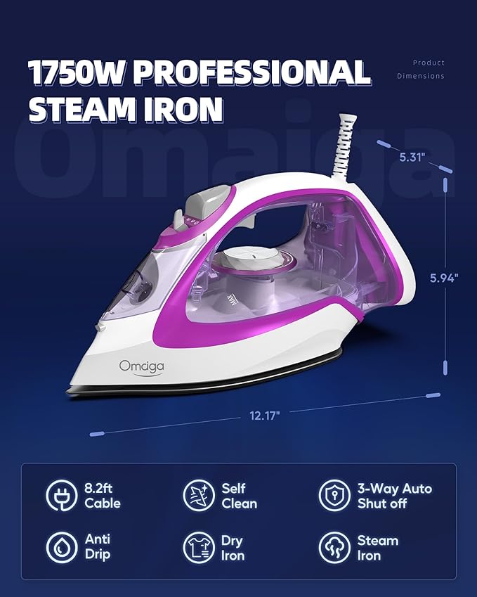 Steam Iron for Clothes, 1750W Iron with Rapid Heating, Non-Stick Ceramic Soleplate, Powerful Steam, Self-Cleaning, Auto-Off, Anti-Drip, 15.21oz Water Tank Ironing Clothes for Home, Purple