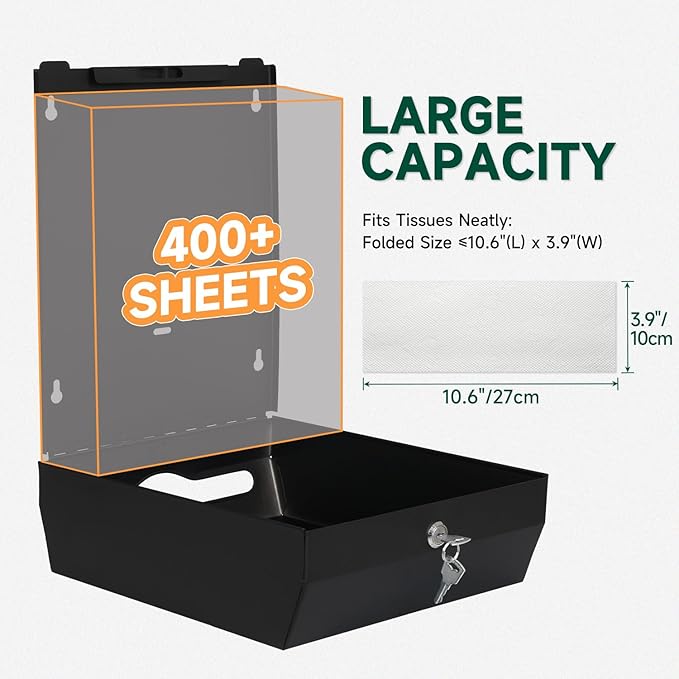 Commercial Paper Towel Dispenser Wall Mount 400-Sheet Capacity Matte Black Stainless Steel Lockable Fits Multifold/Z-Fold Towels (Folded Size ≤ 10.6" x 3.9")