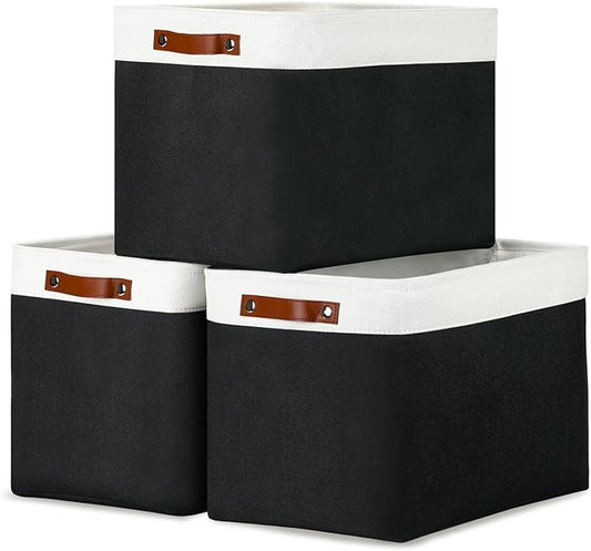 DULLEMELO Large Storage Baskets Fabric Storage Bins, Canvas Storage Basket for Shelf Toys, Decorative Large Storage Bins with Handle for Baby Gift(White&Black)