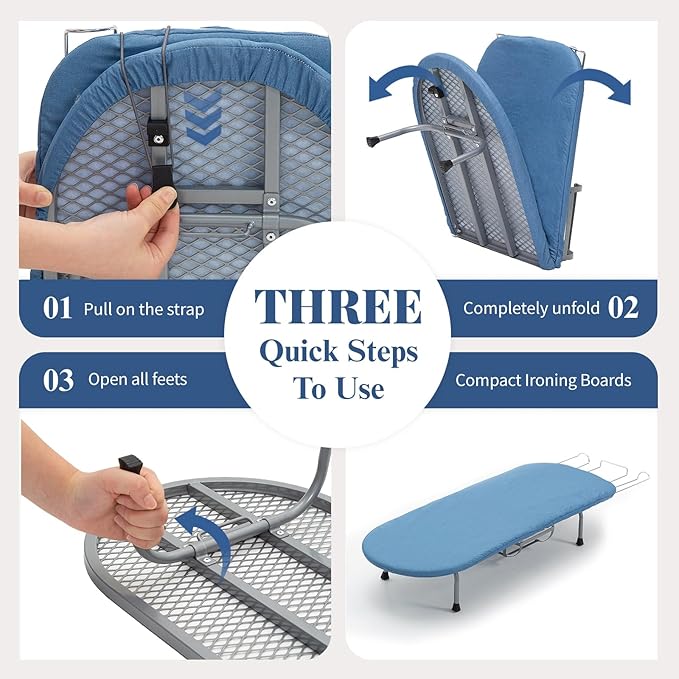 Metal Foldable Iron Board with Iron Holder, RAINHOL Small Ironing Board Tabletop with Heat Resistant Cover, 31x12 Mini Compact Ironing Table for Dorms, Aprtment, Blue