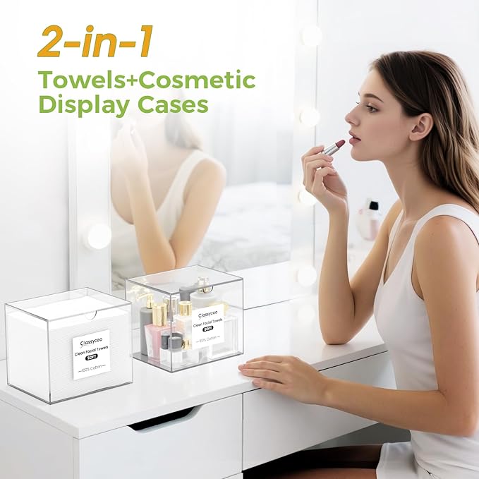 50 PCS Disposable Face Towel Holder, Acrylic Cosmetic Container for Clean Skin Club, XL Clean Towel Makeup Remover Wipes Waterproof Box for Dresser Countertop, Bathroom Storage(Includes Cotton Cloth)