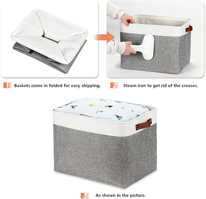 DULLEMELO Large Storage Baskets, Fabric Storage Basket with Leather Handles for Shelves Closet Nursery Toy Storage, Collapsible Fabric Baskets for Toy Book Magazine Towel Organizers(White&Gray)