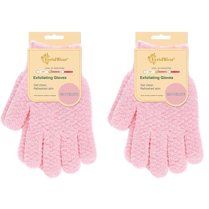 Evridwear Exfoliating Gloves for Shower, 100% Nylon Thick Soft Medium Heavy Bathing Gloves Dead Skin Remover Body Scrubber Smooth Skin with Hang Loop, 2 Pairs Moderate Pink