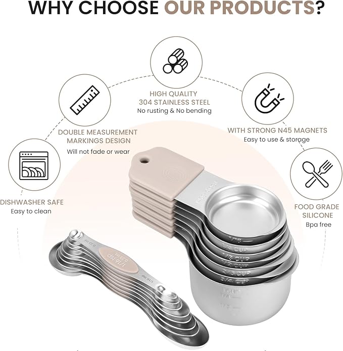 Magnetic Measuring Cups and Spoons Set-Heavy Duty 304 Stainless Steel，Double Measurement Markings，Set of 16 with Leveler for Measure Dry and Liquid Ingredients (khaki)