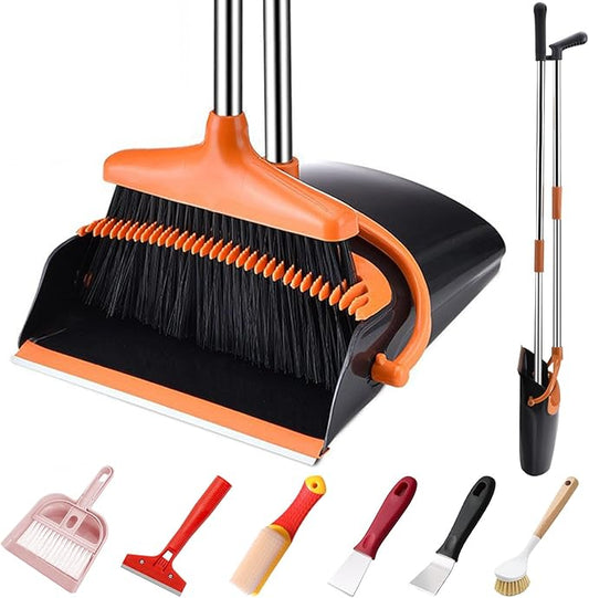 Broom and Dustpan Set with Long Handle and 6 Bonus Cleaning Tools, Upright Standing Combo with Self-Cleaning Teeth & Windproof Dustpan for Pet Hair, Home, Kitchen, Garage, Apartment