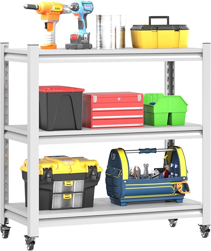 34''W Garage Heavy Duty 3-Tier Adjustable Storage Rack, Steel Shelving with Wheels,Pantry,Kitchen, Office, Closet and Garage Shelves, Easy to Assemble- White