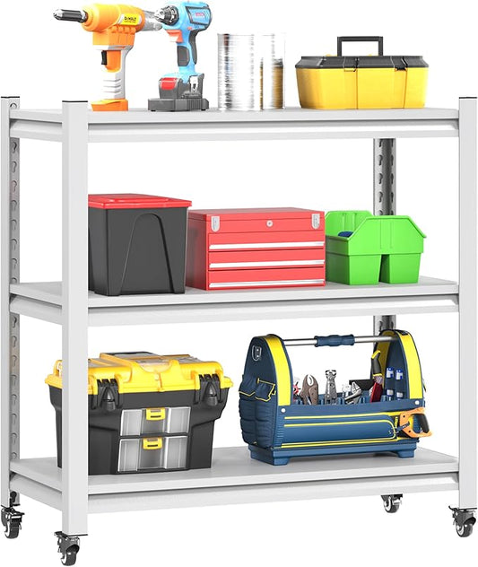 34''W Garage Heavy Duty 3-Tier Adjustable Storage Rack, Steel Shelving with Wheels,Pantry,Kitchen, Office, Closet and Garage Shelves, Easy to Assemble- White