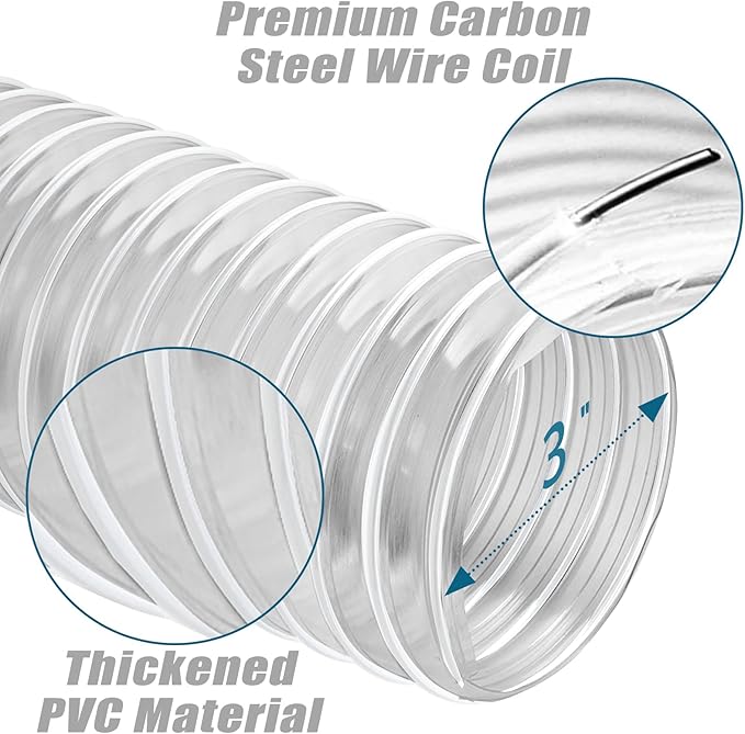PVC Dust Collection Hose 3"x 10' - Heavy PVC Fume Collection Hose for Workshop, Woodworking, Dust Collection Systems