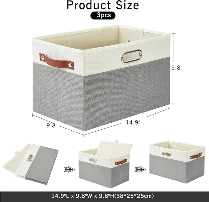 Large Collapsible Fabric Storage Bins with 3 Handles, Foldable Organizer Baskets for Closet, Shelves, Living Room | 3 Pack, Durable PU & Metal Handles (14.9"x9.8"x9.8", Gray & White)