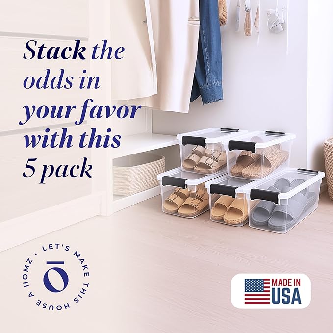 HOMZ 5-Pack Latching Lid, Clear Plastic Storage Organizer Bins, 7.5 Quart, Gray Latch - Stackable Organizing Containers for Home, Garage, and Office