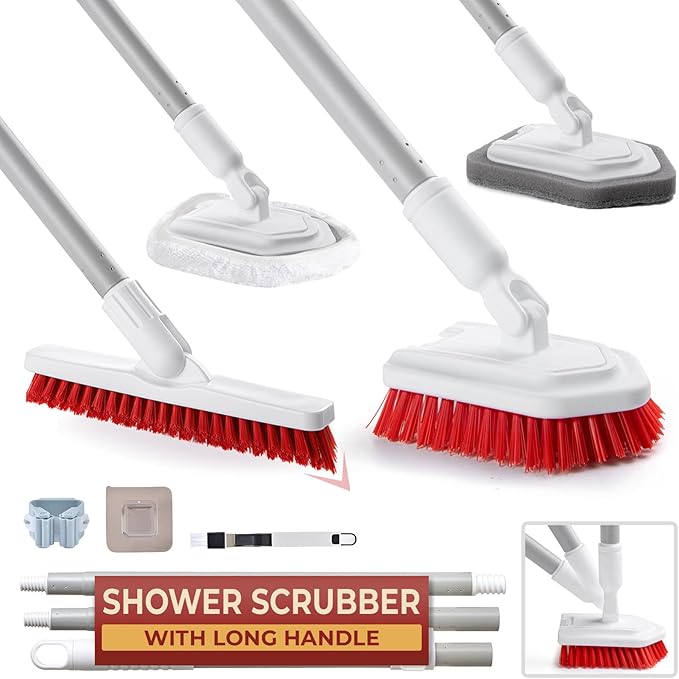 Shower Scrubber with Long Handle, Stiff Bristles Grout-Brush, Tub Scrub-Brush with Long-Handle, Shower-Cleaner Brush, Grout Cleaning Brush for Tile floors, Scouring Pad & Microfiber Cloth for Bathroom