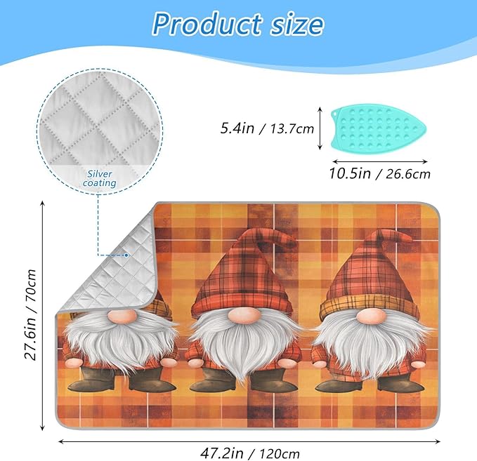Orange Plaid Thanksgiving Gnomes Ironing Mat Thickened Ironing Blanket Travel Portable Double-Side Using Ironing Pad Travel Isolate Heat Pad Cover for Washer Dryer Table Top Countertop 27.6x47.