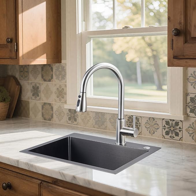 25x18x9 Inch Drop in Kitchen Sink, Handmade 304 Black Stainless Steel Single Bowl, Topmount with 2 Holes, R10 Tight Corner, for Modern Kitchen/RV/Outdoor Sink